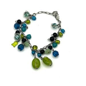 Glass Bead Multicolor Chain Link Charm Lobster Clasp Bracelet